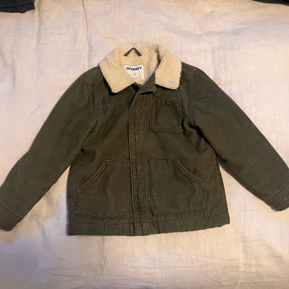 Olive green corduroy Kids Jacket with Sherpa Collar and lining